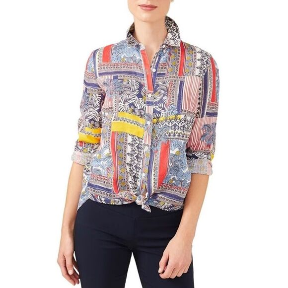 J. McLaughlin Tops - J. McLaughlin Multicolored Long Sleeve Linen Button Down Blouse Size Large